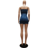 Women Sexy Strapless Washed Button Stretch Denim Dress