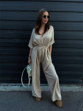 Women Solid Belted V-Neck Casual Jumpsuit Wide Leg Pants