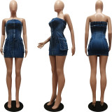 Women Sexy Strapless Washed Button Stretch Denim Dress