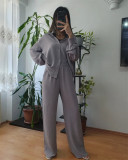Women Solid Loose Top Casual Wide Leg Pants Two-piece Set