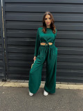 Women Solid Lace Up Long Sleeve Crop Top Wide Leg Pants Two Piece Set