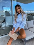 Women Casual Solid Single Breasted Stand Collar Top Lace Shorts Two Piece Set