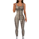 Women's Printed Sleeveless Ribbed Square Neck Low Back Slim Fit Jumpsuit