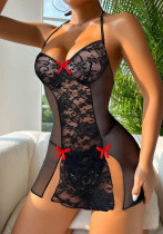 Sexy Black Halter Lace Mesh Slit Nightdress