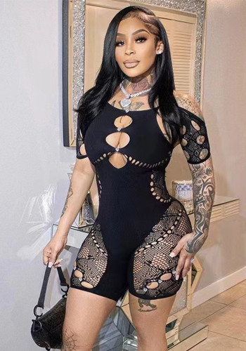Women's Solid Color Halter Neck Short Sleeve Hollow Diamonds Sexy Slim High Waist Lace Jumpsuit