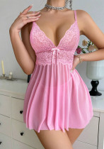 Sexy Pink Strap V-Neck Lace Mesh Nightdress
