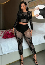 Sexy Net Clothes See Through Hollow Mesh Long Sleeve Two Piece Pants For Night Club