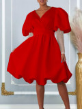 Women's V-Neck Puff Sleeves Formal Party Bridesmaid Dress