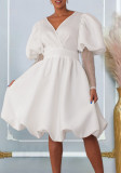 Women's V-Neck Puff Sleeves Formal Party Bridesmaid Dress