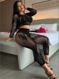 Sexy Net Clothes See Through Hollow Mesh Long Sleeve Two Piece Pants For Night Club