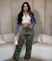 Women Pocket Cargo trousers Wide Leg Straight Washed Denim Pants