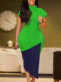 Women's Summer Fashion Chic Short Sleeve Color Block African Pencil Bodycon Dress