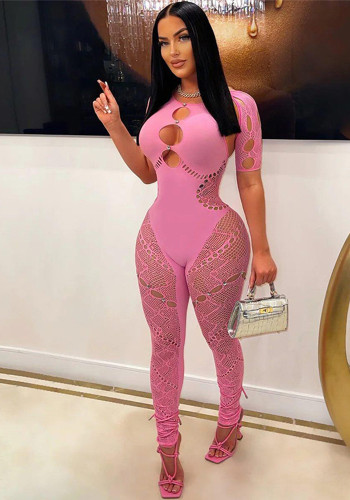 Women's Solid Color Halter Neck Short Sleeve Hollow Diamonds Sexy Slim High Waist Lace Jumpsuit