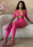 Women's Solid Color Round Neck Hollow Short-Sleeved Sexy Slim Fit Lace  Knitting Jumpsuit