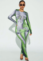 Women's Spring Round Neck Long Sleeve Print Solid Color Long Dress