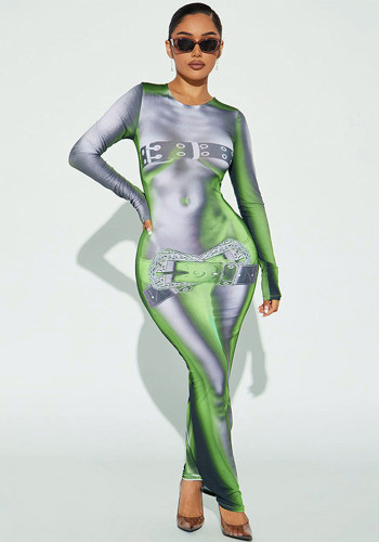 Women's Spring Round Neck Long Sleeve Print Solid Color Long Dress