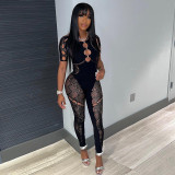 Women's Solid Color Halter Neck Short Sleeve Hollow Diamonds Sexy Slim High Waist Lace Jumpsuit