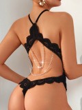 Sexy Black Halter See Through Lace Hollow Open Crotch Bodysuit Lingerie