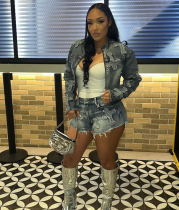 Women Denim Embroidered Cross Stretch Top and Shorts Two-piece Set Women Denim Embroidered Cross Stretch Top and Shorts Two-piece Set