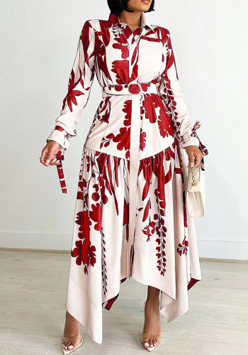 Women's Fashion Chic Print Turndown Collar Long Sleeve Belt Irregular Print Dress