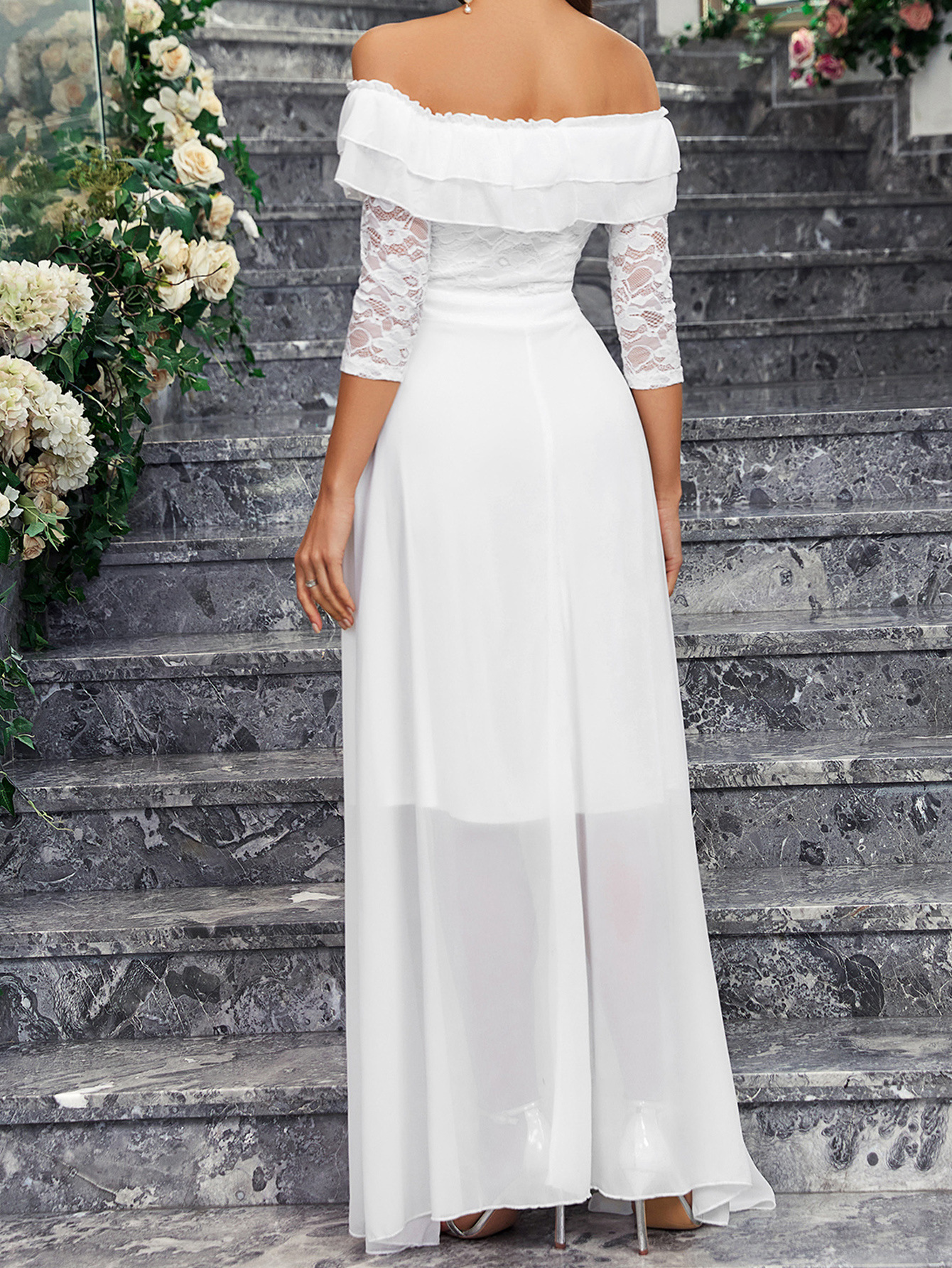 Women Off Shoulder Lace chiffon Half-Sleeve Wedding Bridesmaid Dress Elegant Long Dress
