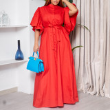 Summer Fashion Bell Bottom Sleeve Breasted Belt Loose Long Dress