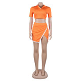 Women Sexy Turndown Collar Short Sleeve Top and Skirt Two-piece Set
