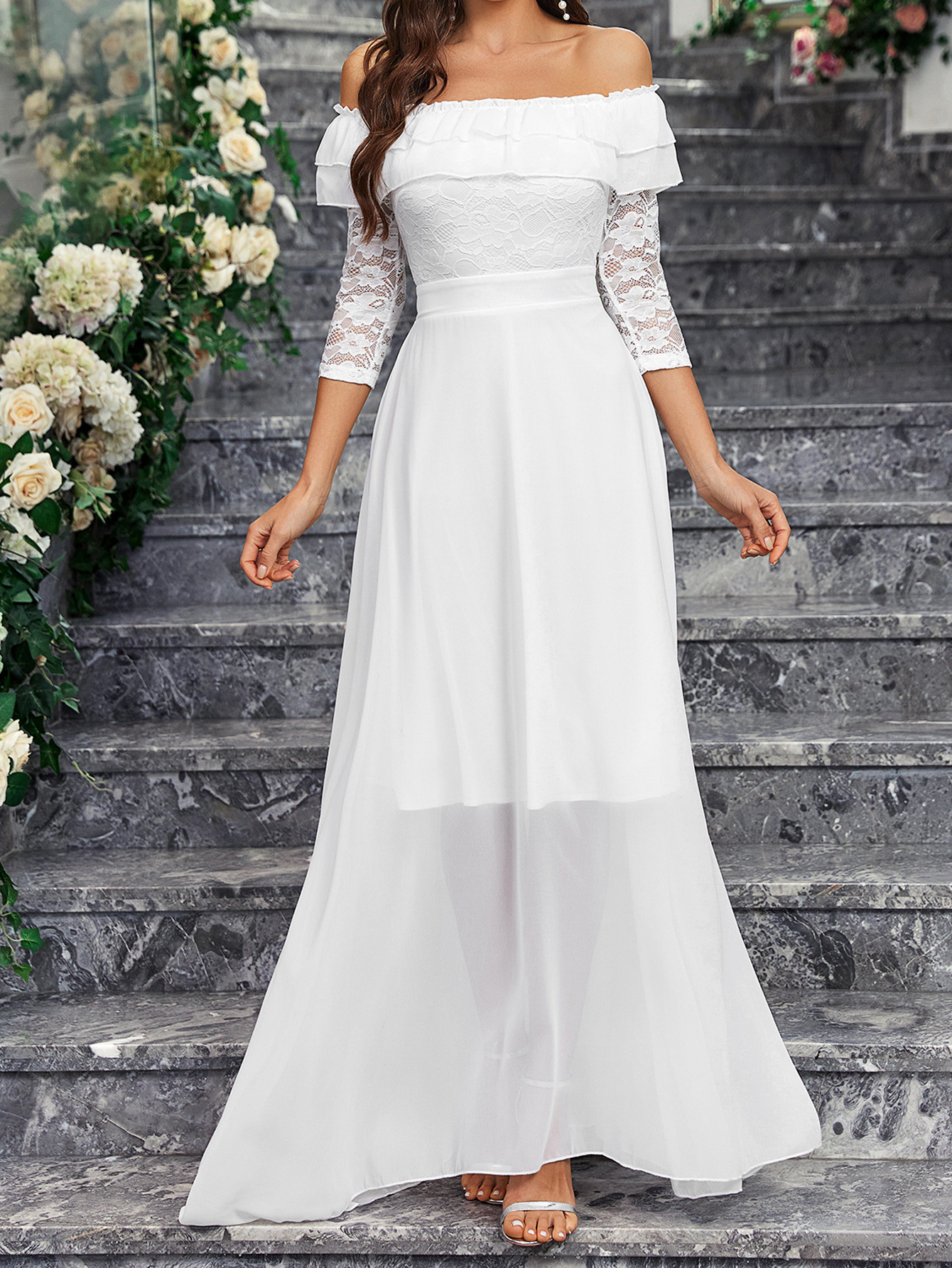 Women Off Shoulder Lace chiffon Half-Sleeve Wedding Bridesmaid Dress Elegant Long Dress