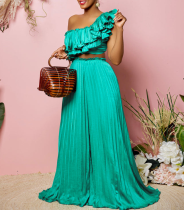 Women's Slash Shoulder Low Back Ruffled Sexy Top Pleated Wide Leg Pant Two-Piece Set