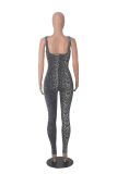 Women's Printed Sleeveless Ribbed Square Neck Low Back Slim Fit Jumpsuit