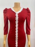 Women's Solid Color Lace V-Neck Slim Plus Size Dress
