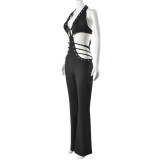 Women Sleeveless Lace Backless Bell Bottom Wide Leg Jumpsuit