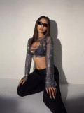Women Fishnet Rhinestone Open Chest Long Sleeve Sexy Top