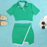 Women Sexy Turndown Collar Short Sleeve Top and Skirt Two-piece Set