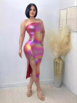 Women Clothing Features Shiny Gradient Pu-Leather High Slit Chest Wrap Dress