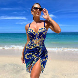 Women Printed Bikini Cover Up One Piece Swimwear Two Piece Set