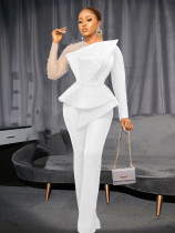 Long Sleeve Chic Mesh Patchwork Beading Slim Fit Formal Party Plus Size Jumpsuit