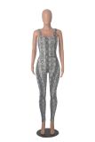 Women's Printed Sleeveless Ribbed Square Neck Low Back Slim Fit Jumpsuit