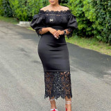 Off Shoulder Off Shoulder Bodycon Lace Patchwork Balloon Sleeve Gown Dress