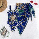 Women Printed Bikini Cover Up One Piece Swimwear Two Piece Set