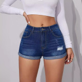 Women Ripped Denim Washed Stretch Ripped Denim Shorts