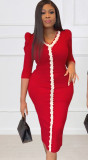 Women's Solid Color Lace V-Neck Slim Plus Size Dress