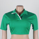 Women Sexy Turndown Collar Short Sleeve Top and Skirt Two-piece Set