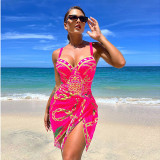 Women Printed Bikini Cover Up One Piece Swimwear Two Piece Set