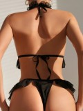 Sexy Black Halter Neck Bow Ruffled Mesh Lingerie Set