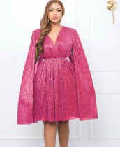 Belted V-Neck Chic Long Sleeve Cape Slim Waist Gown Dress
