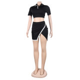 Women Sexy Turndown Collar Short Sleeve Top and Skirt Two-piece Set