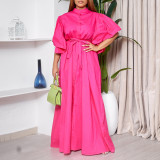 Summer Fashion Bell Bottom Sleeve Breasted Belt Loose Long Dress