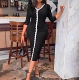Women's Solid Color Lace V-Neck Slim Plus Size Dress
