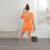 Women Sexy Turndown Collar Short Sleeve Top and Skirt Two-piece Set